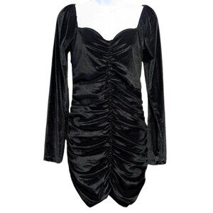 SHEIN Black Velvet Ruched Long Sleeve Mini Dress Size Large Party Cocktail LBD